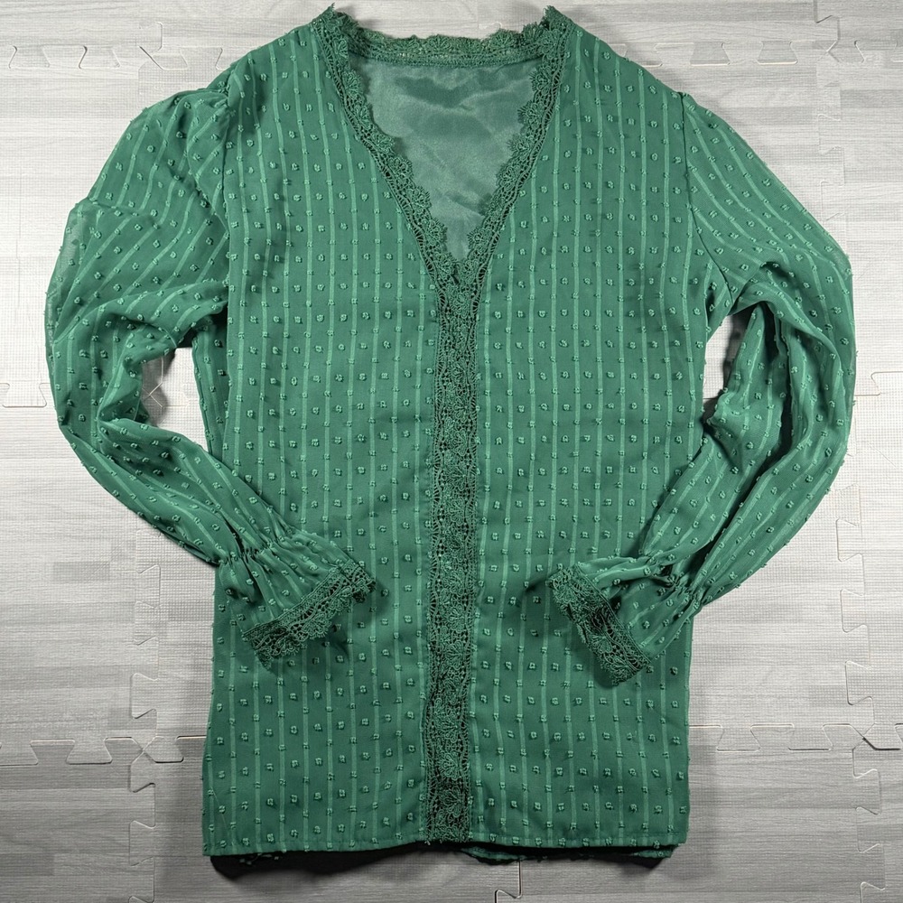 Green Swiss Dot Lace Trim V-Neck Blouse XL Long Sleeve Ruffle Cuff Top